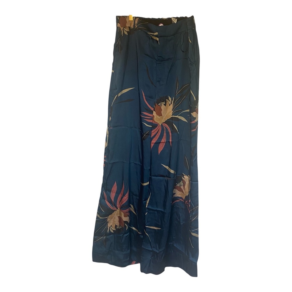 Zara Woman Teal Floral Print Wide Leg Satin Trousers Pants High Rise Large